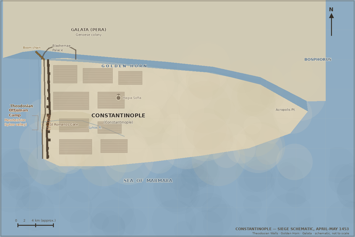 Schematic map of Constantinople and its surroundings: the Theodosian Land Walls on the west, the Golden Horn inlet to the north, the Sea of Marmara to the south, the Galata colony across the Golden Horn, and the Bosphorus to the east