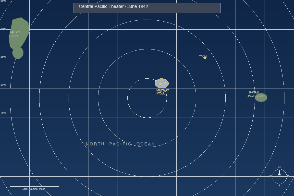 Central Pacific Ocean showing Midway Atoll, Japanese approach from the northwest, and US carrier positions to the northeast